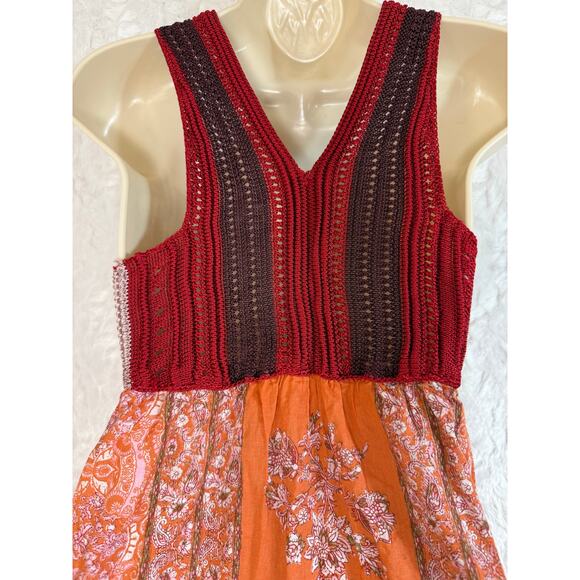 Free People Katie Crochet Mini Dress Red Pink Knit Orange Bandana Skirt Boho XS - Picture 16 of 16